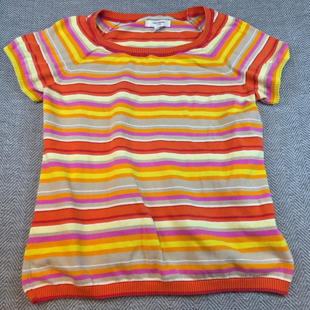 Liz Claiborne New York Petite Large Striped Short Sleeve Cotton Knit Sweater Top